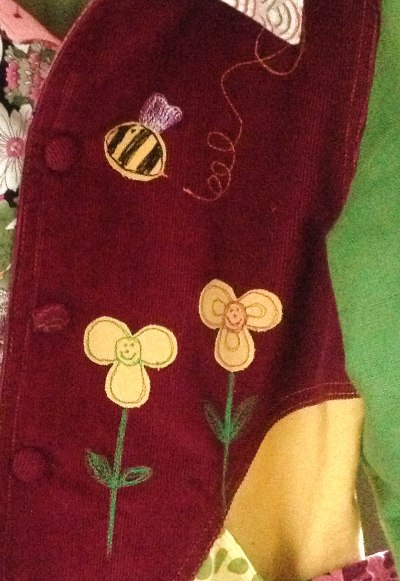 Embroidered detail Kids Jacket, Make clothes for your kids, make your own childrens clothes Free style embroidery classes in Stroud, make your own Skirt, embroidery, creative needle work, hairband with dried flowers, Cotswold, organza fabric, sequins, wrap around skirt, learn to sew, making clothes, free hand embroidery, Cotswold, sequins, wrap around skirt, sewing classes, textile workshops, learn to know your sewing machine, up-cycle clothes and create a new wardrobe, making a bag using recycled fabric