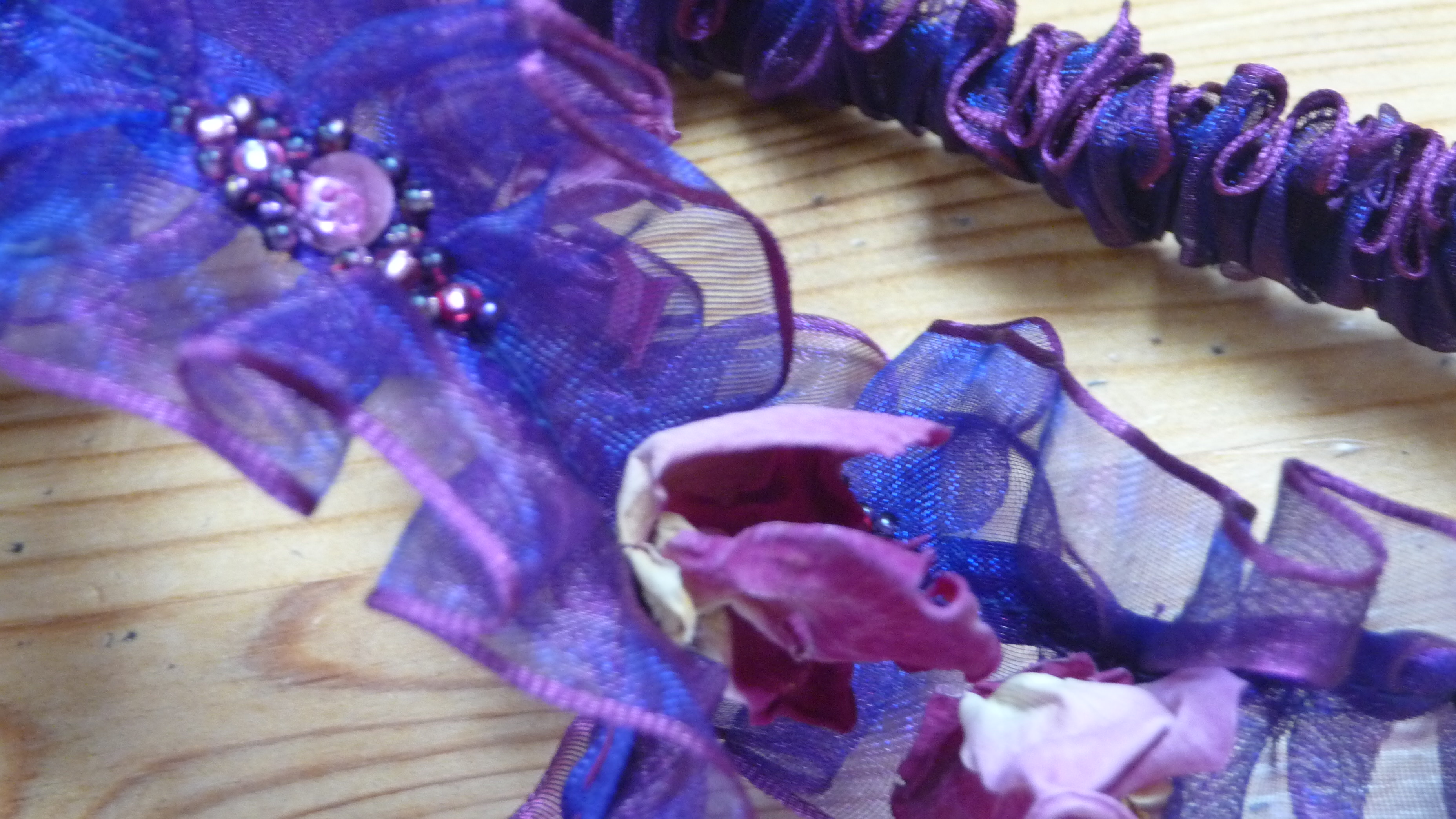sewing, textile, embroidery, creative needle work, hairband, dried flowers, Stroud, Cotswold, organza fabric, sequins, 